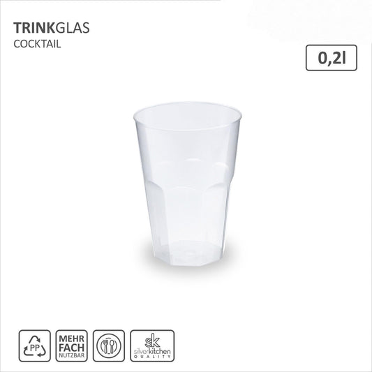 Silverkitchen 50x cocktail cups 0.2l reusable - stackable, dishwasher-safe plastic cups for cocktails & aperitifs, BPA-free with measuring line - Made in Germany.