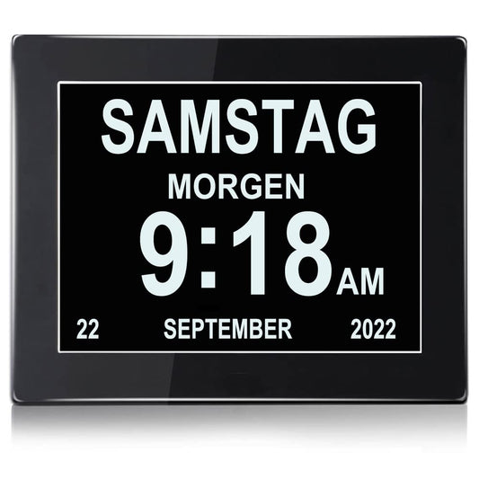 8 Inch Digital Alarm Clock, Digital Calendar Day Clock, Alarm Clock Multiple Modes with Reminder Function for Seniors, Dementia such as Alzheimer's Patients, Large Font Electronic Calendar Day Clock - Black