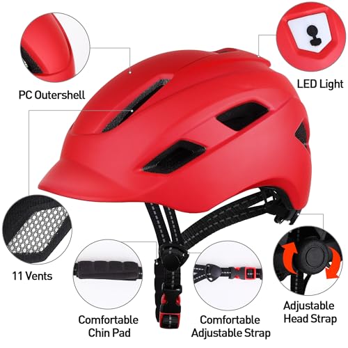Adult bike helmet with visor and LED, 21 ventilation openings, women's bike helmet, mountain and road bike helmet for men and women, adjustable size 57-61 cm (Red)