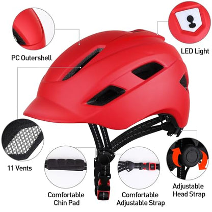 Adult bike helmet with visor and LED, 21 ventilation openings, women's bike helmet, mountain and road bike helmet for men and women, adjustable size 57-61 cm (Red)
