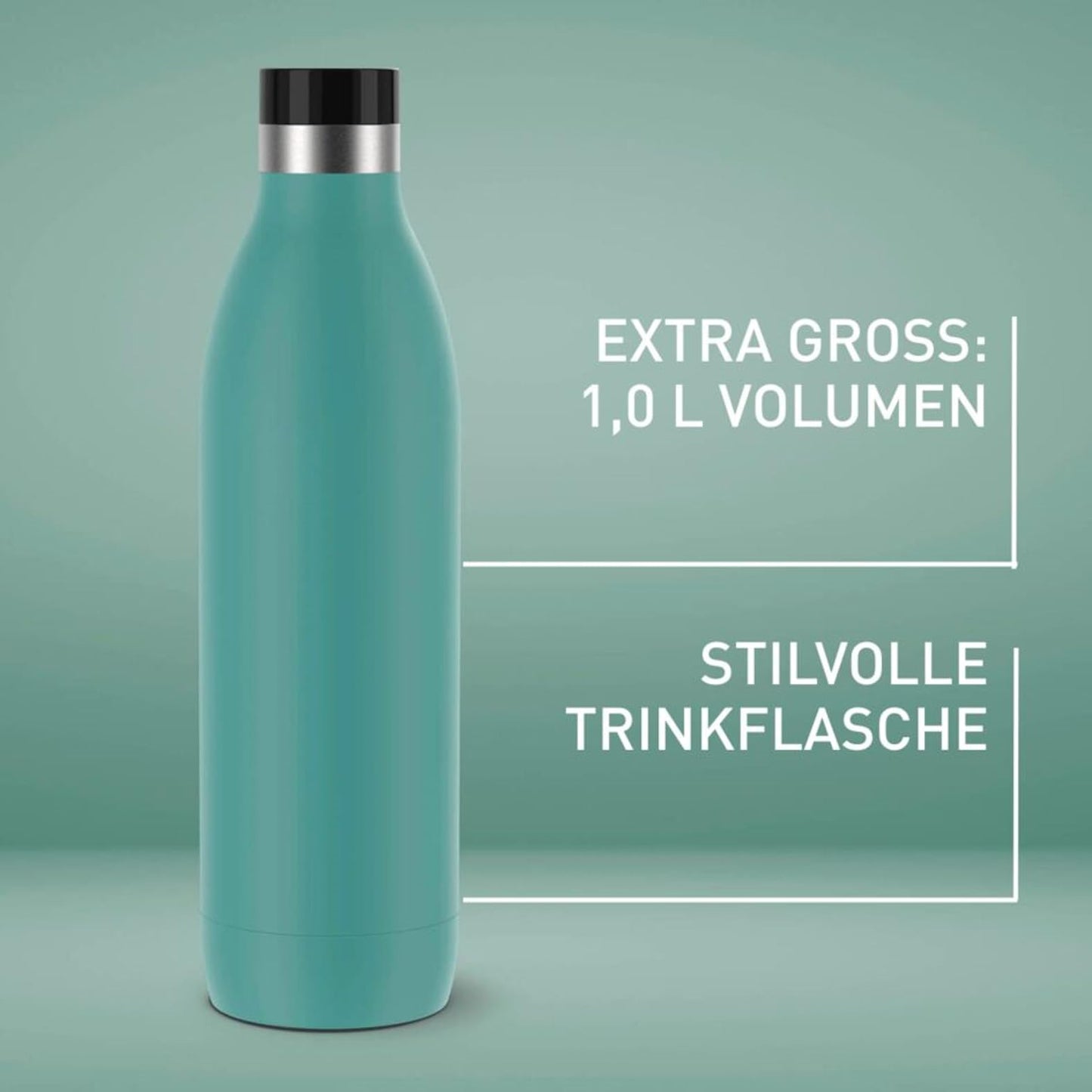 Emsa Bludrop insulated drinking bottle, 1 liter, 100% leak-proof, Quick-Press closure, ergonomic 360° drinking experience, keeps warm for 20h, cold for 40h, easy to clean, stainless steel, powder coating, Petrol color, N31121