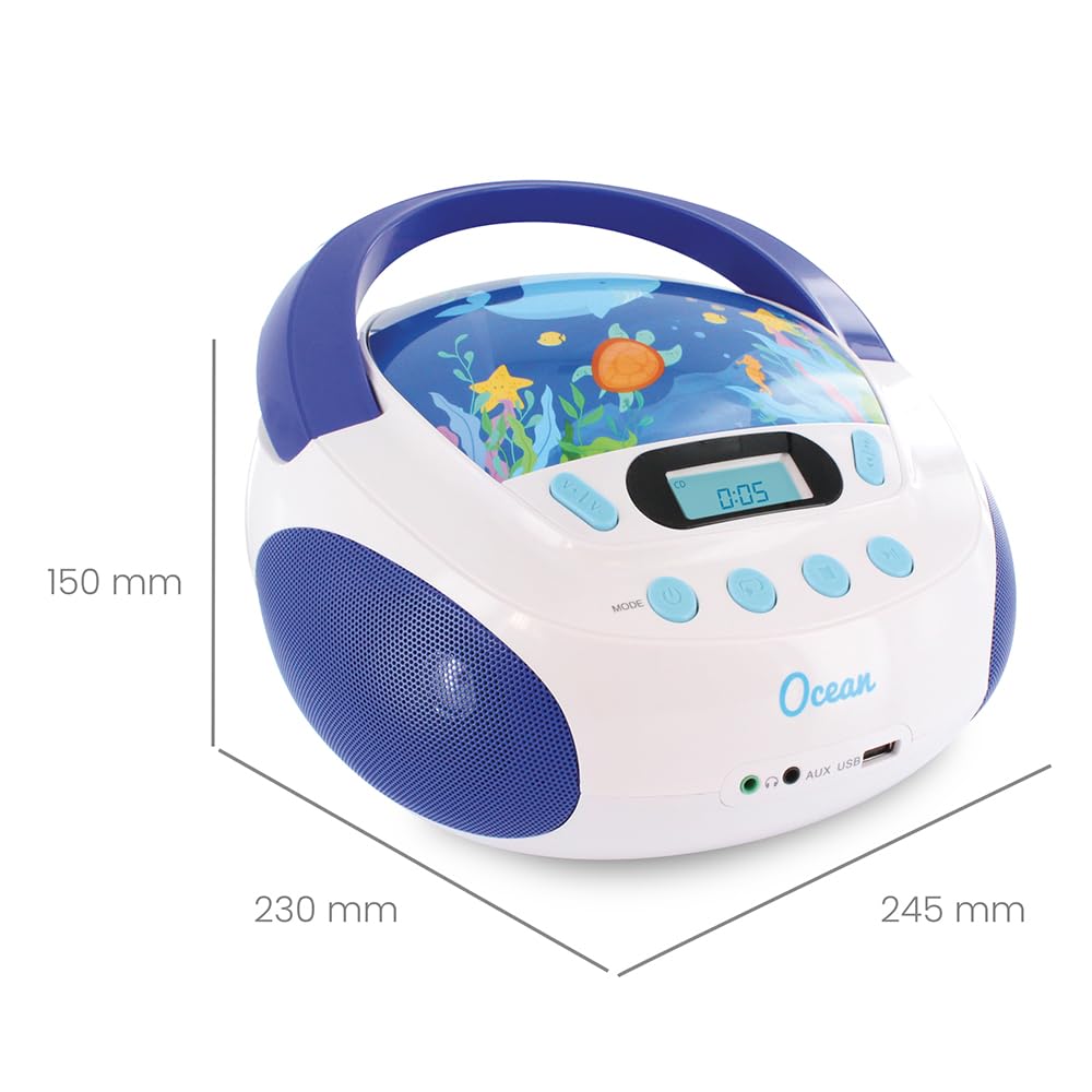 mooov 477170 CD player for kids with speakers, USB, headphone jack, AUX-IN port - boombox CD player portable - mains powered or batteries - Ocean model - blue/white