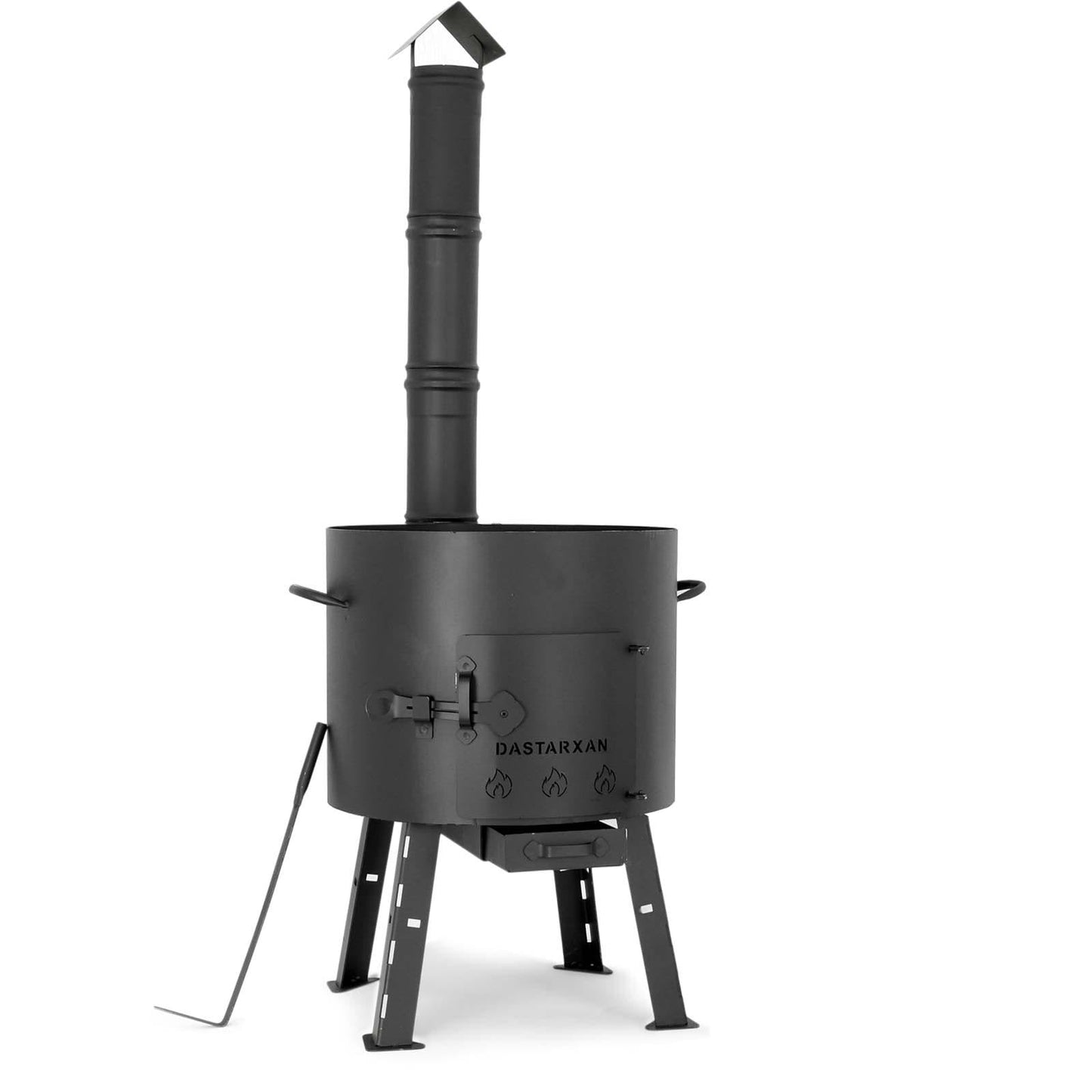 41cm fire pit made of 2mm steel with flu pipe. Outdoor kitchen with 12L pot and flat-bottomed kazan. Ideal for camping and cooking outdoors with ladle, soup ladle, and grill grate.