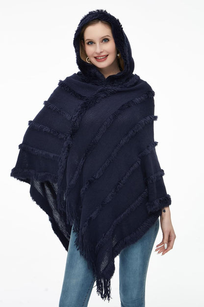 Ferand Women's Hooded Poncho, Warm Winter Cape, Striped Shawl with Fringes, Elegant, Navy Blue