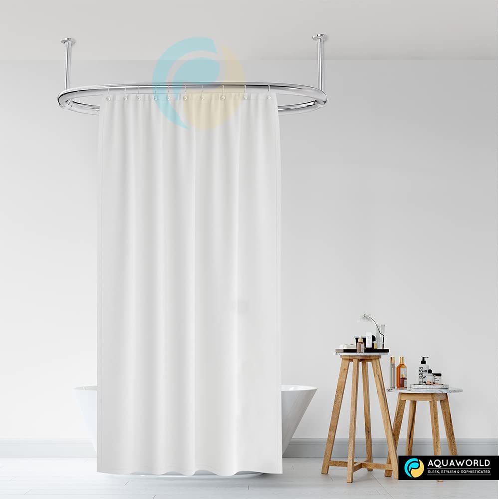 Aquaworld Oval Shower Curtain Rod for Bathroom Decor, 14 Curtain Rings Included - Ceiling Mount, Sturdy Construction, Chrome Shower Rod for Tub, Ideal for Small Bathrooms