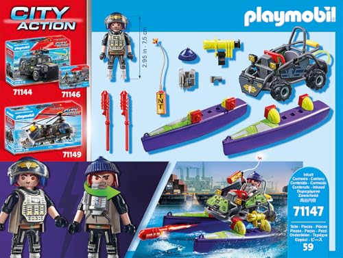 PLAYMOBIL City Action 71147 SWAT Multi-Terrain Quad, convertible SWAT speedboat, toy for kids ages 5 and up.