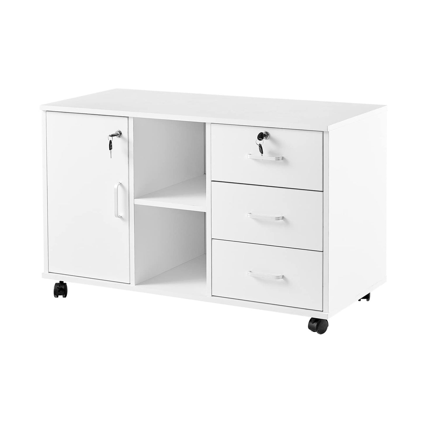 CLIPOP Rolling File Cabinet Office Cabinet with Wheels, Mobile Filing Cabinet Lockable with 3 Drawers, Closed and Open Storage Space, Under Desk Cabinet for A4 Paper, Letters, Files, White