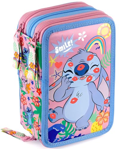 Clondo pencil case for kids, for Stitch and Angel Kiss fans, 3 organized compartments, filled pencil case for boys and girls, 45 pieces for school.