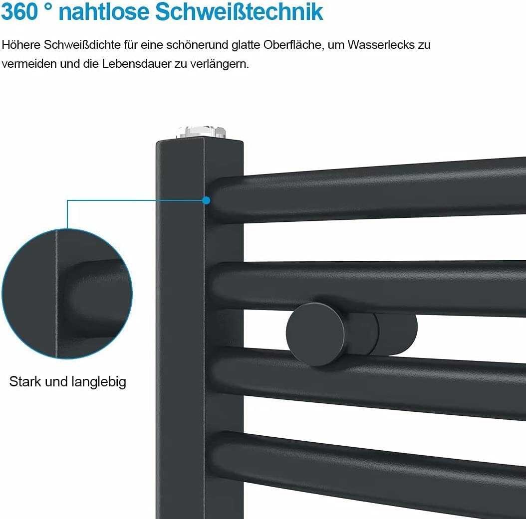 Heilmetz electric towel radiator 100x40cm with digital thermostat and timer function. Straight towel radiator in anthracite 300W.