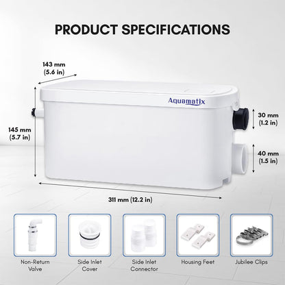 Aquamatix Shower Pump 250W Lifting unit Compact Drainage pump, Waste water pump 8m Vertical pump distance 100L/min for showers and sinks 2 inlets