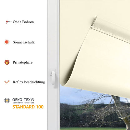 Eurohome blackout roller blind thermal blind 50x130cm (fabric width 46 cm) cream clamp fix without drilling with same color coating side pull roller blind Oeko-TEX Standard 100 clamp blind for window & door