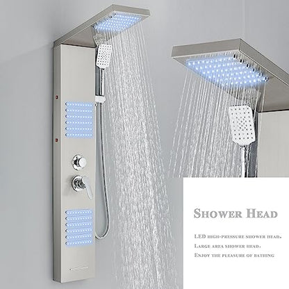 Shower panel with faucet, rain shower, bathtub faucet, shower column, shower system, shower set, brushed nickel LED stainless steel 304 with 4 shower functions.