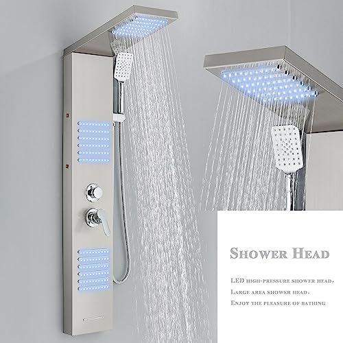 Shower panel with faucet, rain shower, bathtub faucet, shower column, shower system, shower set, brushed nickel LED stainless steel 304 with 4 shower functions.