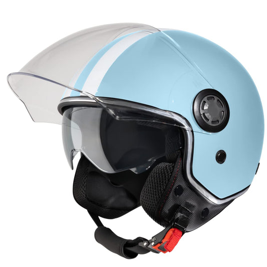 VINZ Parchi Jet Helmet with Double Visor | Scooter Helmet Fashion Helmet with Stripes | Available in sizes XS-XXL | Jet Helmet with Sun Visor | ECE 22.06 Certified | Motorcycle Helmet with Visor - Light Blue