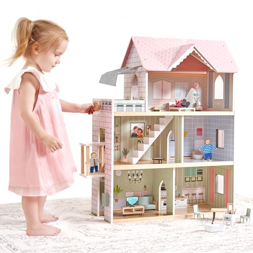 Giant wooden dollhouse, 80cm tall, with elevator, doorbell, lights, 15 furniture pieces, and 3 dolls. Toy gift for girls ages 3+.