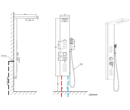 Elbe Stainless Steel Shower Panel for corner installation 4-function with rain shower shower set with hand shower, rain shower, 2 massage showers, waterfall shower, shower faucet complete set Adjustable temperature