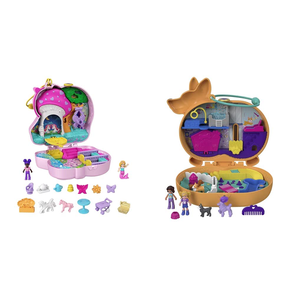Polly Pocket HCG20 - Unicorn Tea Party Playset, compact with glitter unicorn, for ages 4+ & GTN13 - Corgi Dog Hotel compact in pet hotel design, small Polly and Shani dolls, for ages 4+