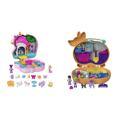 Polly Pocket HCG20 - Unicorn Tea Party Playset, compact with glitter unicorn, for ages 4+ & GTN13 - Corgi Dog Hotel compact in pet hotel design, small Polly and Shani dolls, for ages 4+