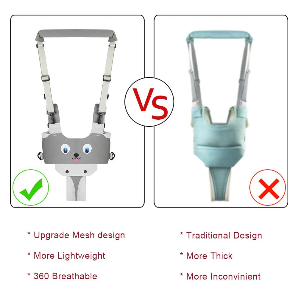 Vicloon Baby Walking Helper Walking Aid for Baby, Adjustable with Safety Buckle and Magic Stickers, Breathable Standing Walking Learning Helper Walker (Puppy - gray)