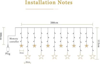 Avoalre curtain lights with 12 stars, 2 meters long, 138 LED star curtain lights can be expanded (up to 21 sets), star curtain lights for windows Christmas decoration, 8 modes warm white string lights.