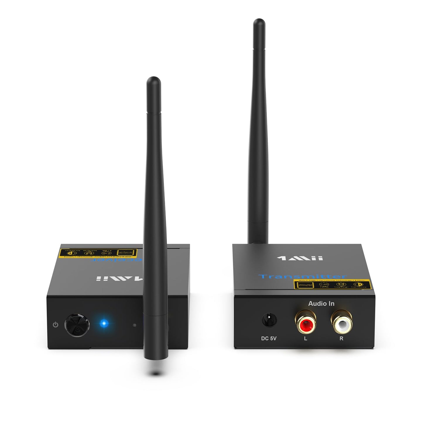 1Mii Wireless Audio Transmitter Receiver, 2.4G Long Range Kit with Low Latency for HiFi Music from TV/PC to Active Speakers/Stereo/Subwoofer/CD, RCA Output/Input 320ft.