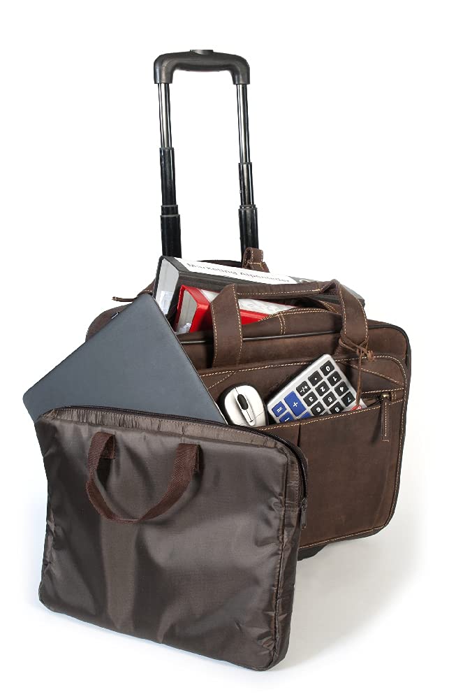 Alpine Leather Business Trolley - Denver (Handmade) - Sustainable organic leather from local farming | Trolley hand luggage, briefcase with wheels *Fairly produced* (40x40x25cm, Old Havana)