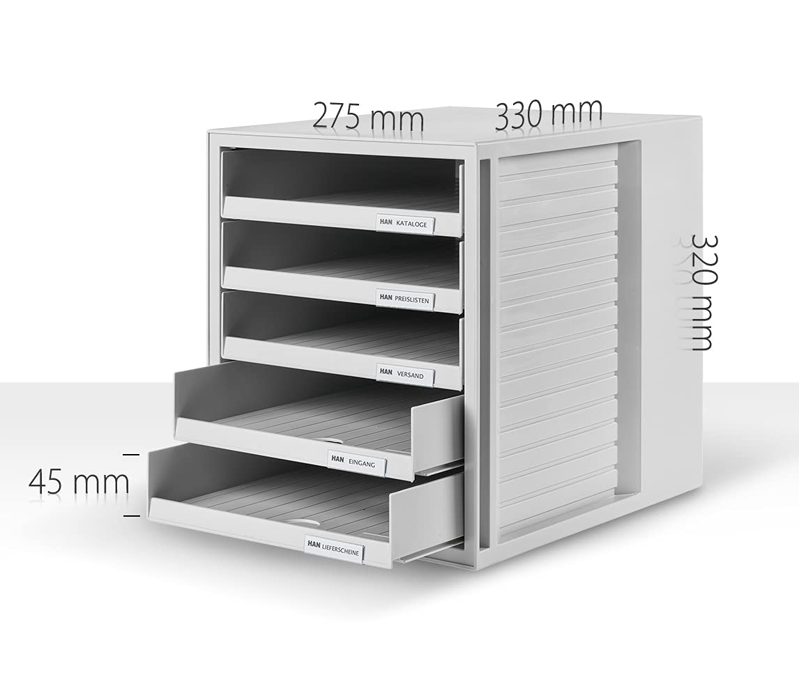 HAN Drawer Box Cabinet Set Karma made from at least 80% recycled plastic with 5 open drawers for documents, desk, including lock, rubber feet, 14018-16, Light Grey/Blue.