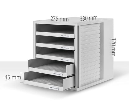 HAN Drawer Box Cabinet Set Karma made from at least 80% recycled plastic with 5 open drawers for documents, desk, including lock, rubber feet, 14018-16, Light Grey/Blue.