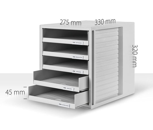 HAN Drawer Box Cabinet Set Karma made from at least 80% recycled plastic with 5 open drawers for documents, desk, including lock, rubber feet, 14018-16, Light Grey/Blue.
