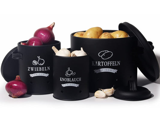 Theo&Cleo Potato Storage Set, Potato Pot in Retro Design Onion Pot, Large metal storage container, Kitchen storage, Can store potatoes for a long time (Black Set)