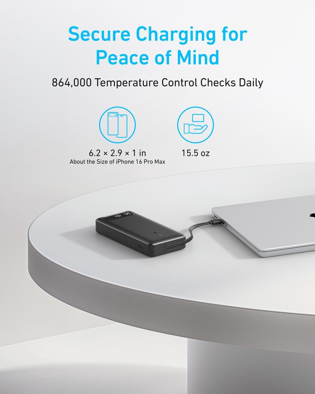 Anchor Powerbank, 20,000mAh portable charger with built-in USB-C cable, 87W max fast charging battery, 1 USB-C and 1 USB-A port, for MacBook, iPhone 17/16/15/14 Series, Samsung, Switch, and more.