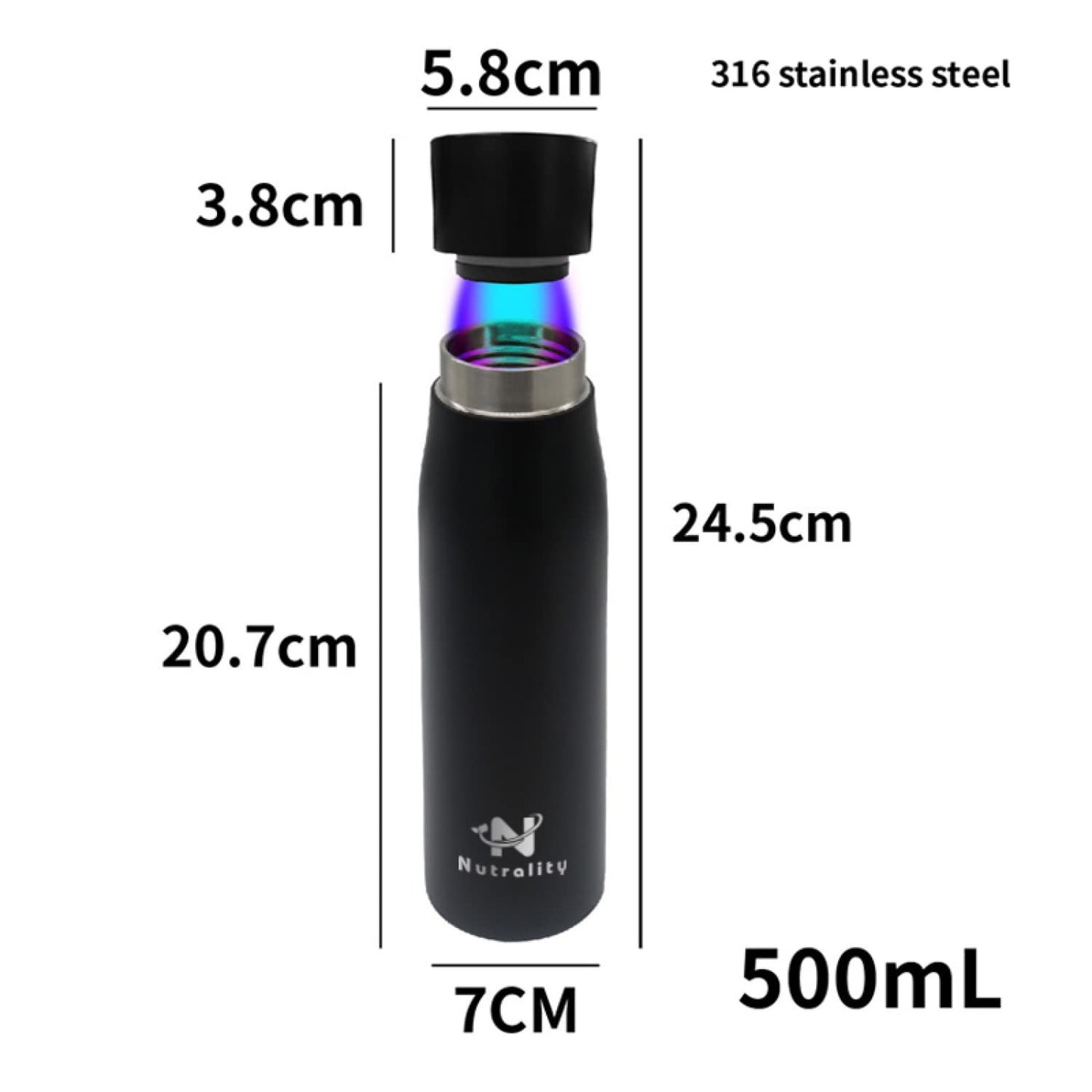 Nutrality UV-filtered 500ml water bottle - Stainless steel self-cleaning water purifier with LED temperature display lid & drink reminder function - Camping, hiking, traveling, sports (black)