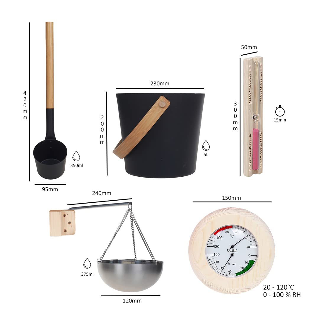 Sauna enthusiast sauna accessory set, 5-piece, 5L aluminum bucket, ladle, 15min hourglass, rounded thermometer-hygrometer, sauna aromatherapy bowl