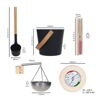 Sauna enthusiast sauna accessory set, 5-piece, 5L aluminum bucket, ladle, 15min hourglass, rounded thermometer-hygrometer, sauna aromatherapy bowl