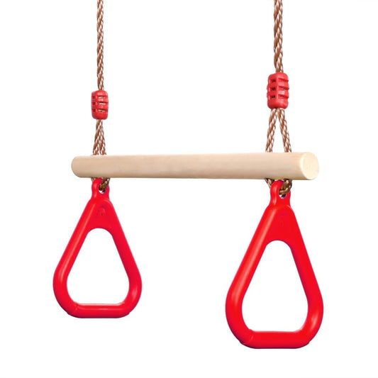 PELLOR Multifunctional Kids Wooden Trapeze Swing with Plastic Gymnastic Rings for Hanging, supports up to 160KG, Red.
