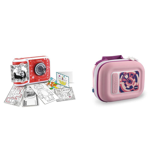 VTech KidiZoom Print Cam - Instant camera for kids with printing function, selfie and video mode, for ages 4-12 & KidiZoom carrying case in pink - Vtech 417369 kids camera, Pink