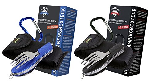 OUTDOOR FREAKZ Outdoor camping cutlery set folding stainless steel with belt pouch, the original! (2 pack: black and blue)