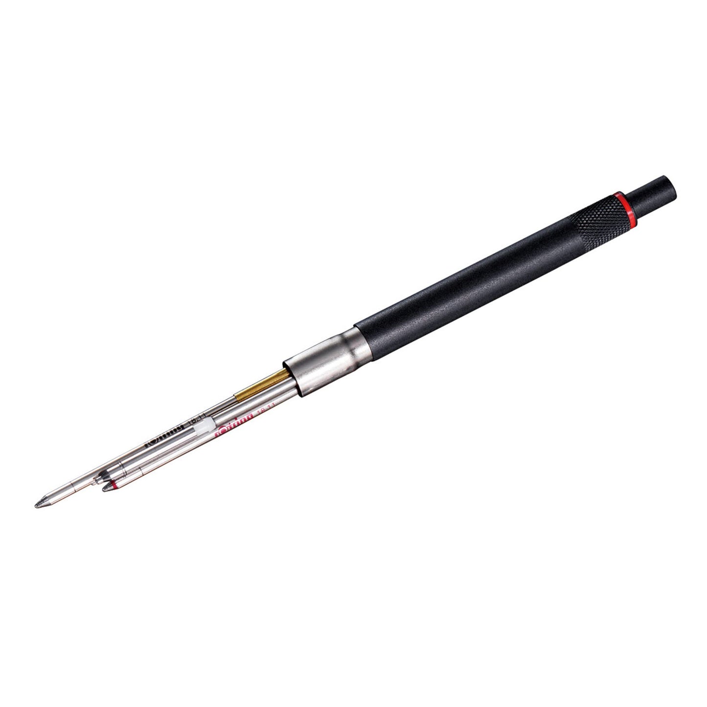 Rotring 600 3-in-1 writing instrument with ballpoint pen and mechanical pencil. Ballpoint pen with 2 fine tips (black and red ink) and 1 mechanical pencil with 0.5mm lead. Silver color.