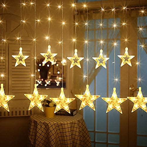 GlobaLink LED light curtain with 12 stars 108 LED starry sky curtain starlight with remote control and timer 8 modes waterproof IP44 for indoor and outdoor decoration wedding party celebrations- Warm white