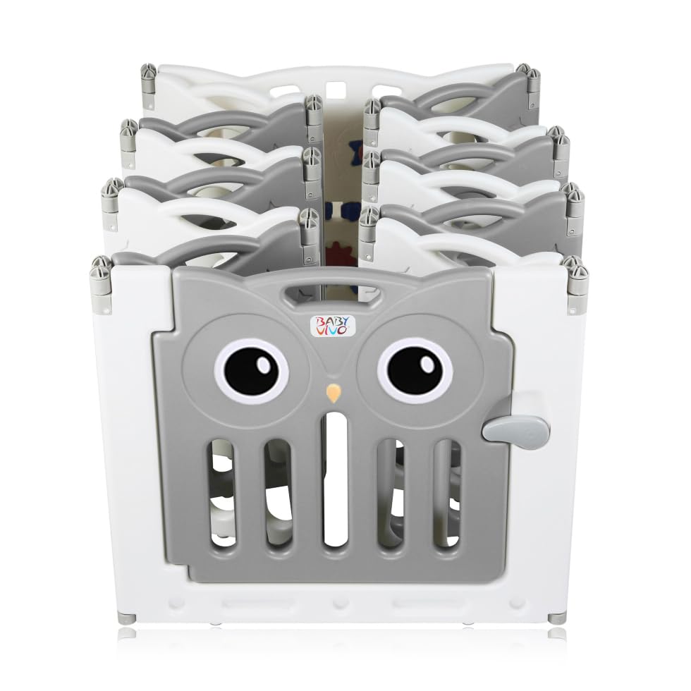 Baby Vivo Playpen Folding Playard Baby Safety Gate Playpen Fence Playpen for Kids made of plastic with door and toys 14 elements in grey - Owl