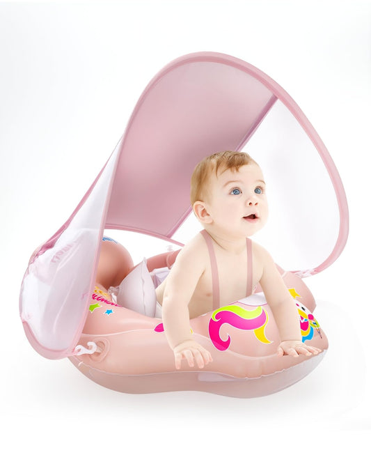 Baby swim ring with UPF50+ sun canopy, removable inflatable swim seat swim trainer, adjustable safety seat, baby swim aid for 3-36 months.