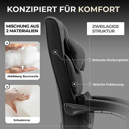 Dowinx office chair, ergonomic with footrest and padded armrest, fabric, high back swivel computer chair, adjustable executive chair up to 150 KG (Black)