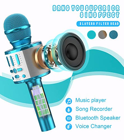 Microphone Karaoke 3-15 years, Portable Bluetooth handheld microphone with LED light, Bluetooth karaoke for kids and adults, girls boys gifts, Home KTV compatible Android IOS PC - Blu