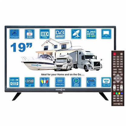 Unispectra® 19-inch HD LED TV Small 230v (Volt) 12v DVBT2 and SAT receiver, USB media player, HDMI. 12V TV for motorhomes, caravans, camping, campers, trucks, boats, kitchen.