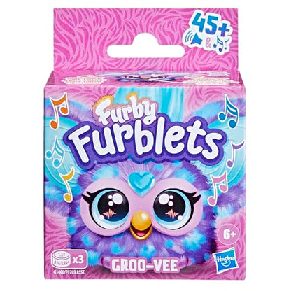 Furby Furblets Groo-Vee Mini, electronic music & phrases in Furbish (over 45 sounds), pastel-colored plush toy, for kids ages 6+, original stocking stuffer, Purple