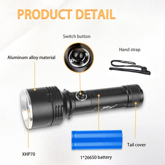 LED flashlight, 3000 lumens diving light up to 150m depth, IPX8 waterproof, battery-powered and rechargeable underwater light with 1 * 26650 battery for diving, camping, outdoor, hiking.