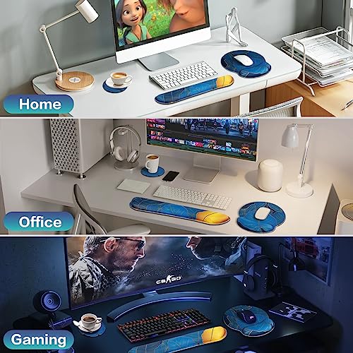 Acezeek 3-in-1 mousepad set with keyboard wrist rest, gel wrist support, cup pad. Ergonomic design with memory foam provides wrist pain relief. Ideal for gaming, office, dorm rooms.