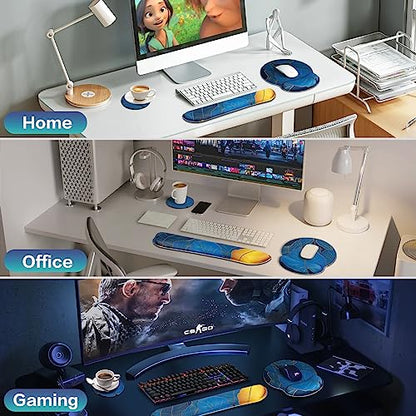 Acezeek 3-in-1 mousepad set with keyboard wrist rest, gel wrist support, cup pad. Ergonomic design with memory foam provides wrist pain relief. Ideal for gaming, office, dorm rooms.