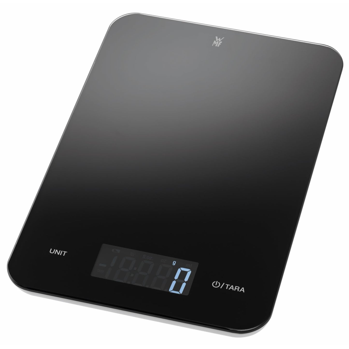 WMF Digital Kitchen Scale black 23 x 15 x 2 cm, baking scale, household scale, digital kitchen scale, safety glass, precise to the gram, tare function, 5kg maximum weight, black
