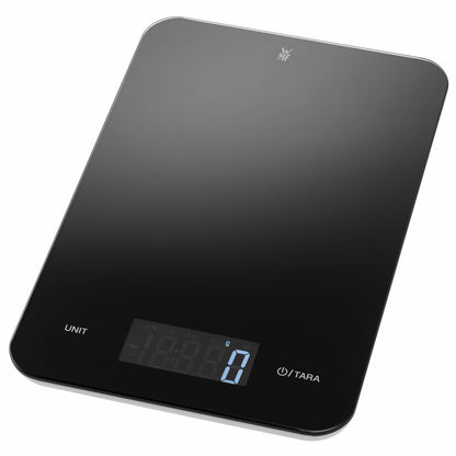 WMF Digital Kitchen Scale black 23 x 15 x 2 cm, baking scale, household scale, digital kitchen scale, safety glass, precise to the gram, tare function, 5kg maximum weight, black